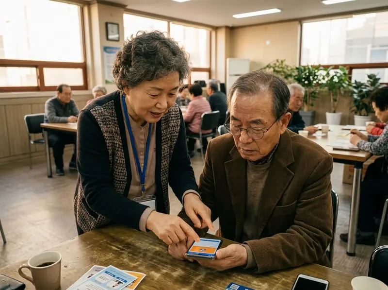 경로당에서 선배시민 디지털 안내자가 어르신에게 휴대폰 사용을 돕는 모습